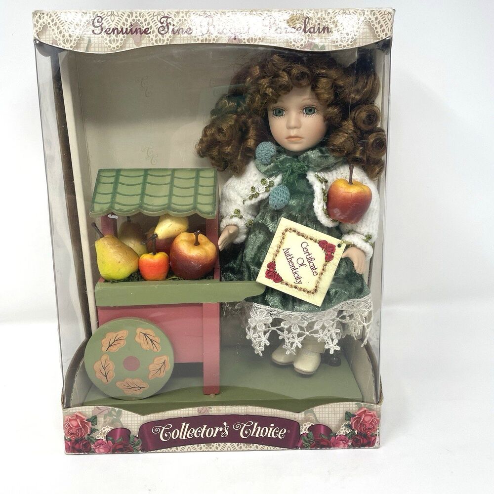Vtg Collector's Choice Fine Bisque Porcelain Doll w/ Fruit Stand NIB Limited Ed.